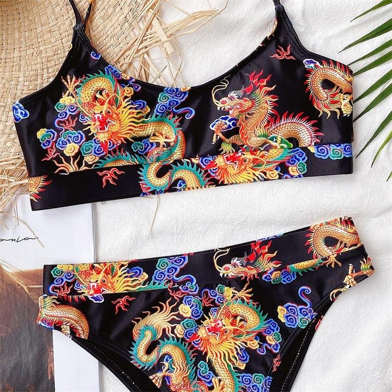 Modern Blue High Waist Bikini Push Up Swimwear Women Dragon Printed Bikini Set Retro Swimsuit Women's High Waist Bikini Swimsuits Twist Push Up Two Piece Bathing Suits Tummy Control Swimwear Stevvex