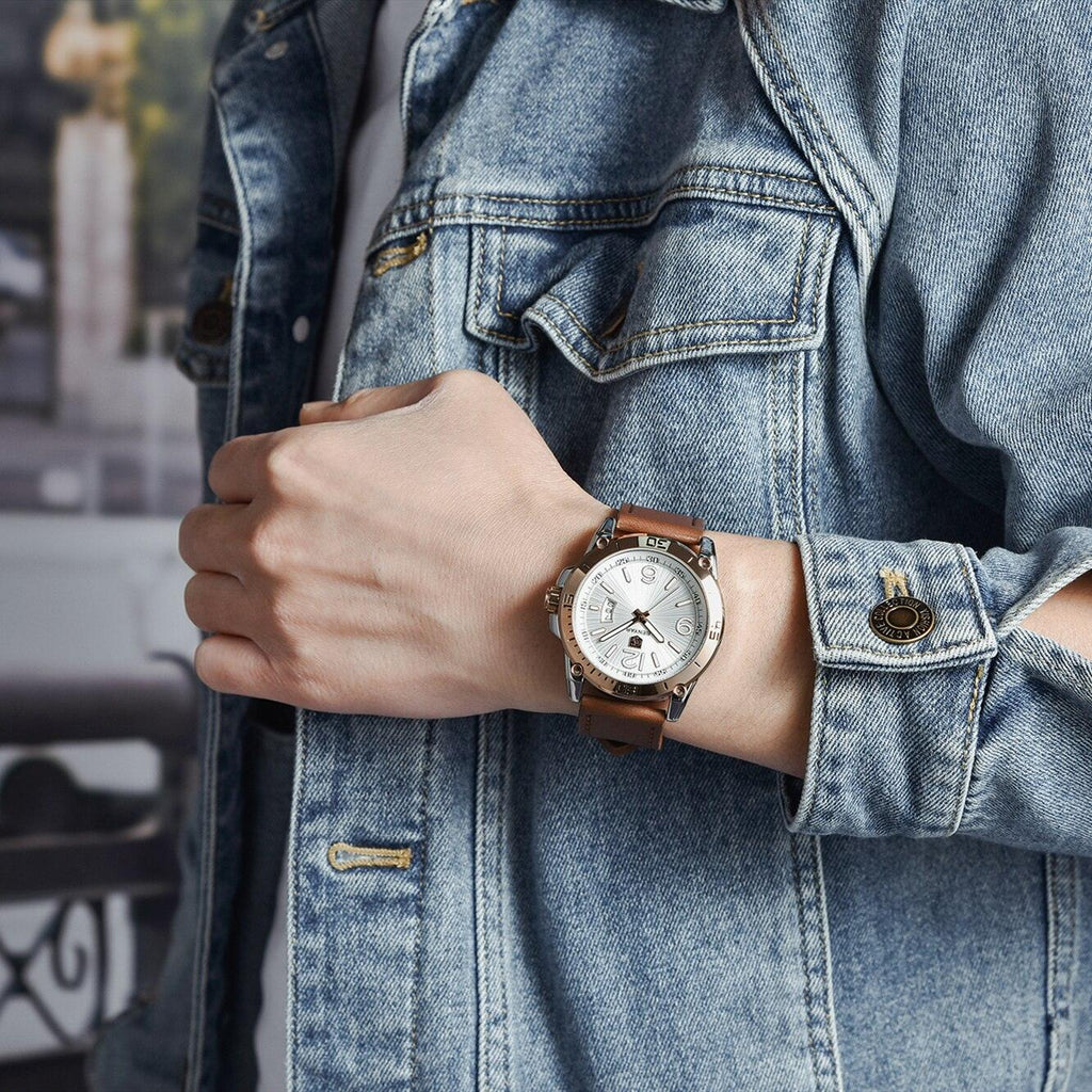 Top Luxury Fashion Mens Watches Quartz Casual Leather Design Sport Analog Waterproof Classic Wrist Watch Stevvex