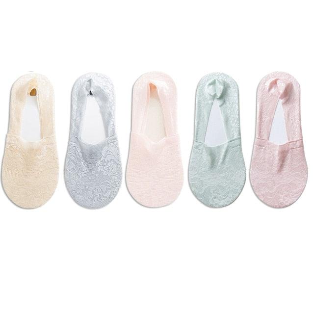 5 Pairs Fashion Women Girls Summer Socks 7 Color Style Lace Flower Short Sock Antiskid Invisible Ankle Socks For Women Stevvex