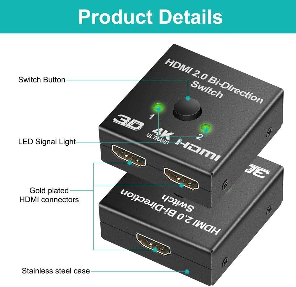 4K HDMI Switch Splitter 2 Ports Bi-Directional HDMI Switch 2 Port Display Selector Switcher Splitter Supports Ultra HD 4K 1080P 3D HDR For HDTV Gaming Stevvex