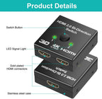 4K HDMI Switch Splitter 2 Ports Bi-Directional HDMI Switch 2 Port Display Selector Switcher Splitter Supports Ultra HD 4K 1080P 3D HDR For HDTV Gaming Stevvex