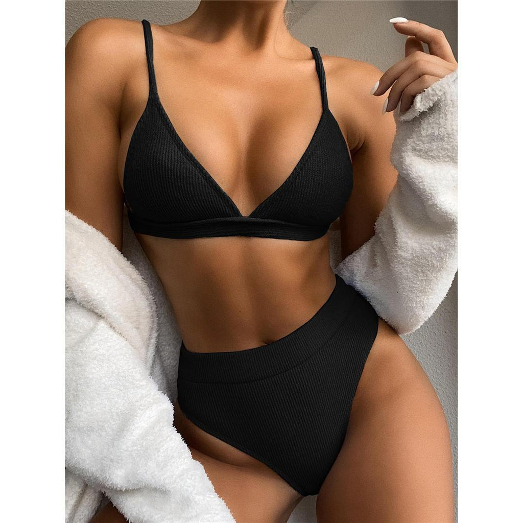 Female Swimsuit High Waist Bikini Women High Waist Swimsuits Triangle Bathing Suit V Neck Two Piece Bikini Sets Women Swimwear Two-pieces Bikini Set Ribbed Bather Bathing Suit Swim Stevvex