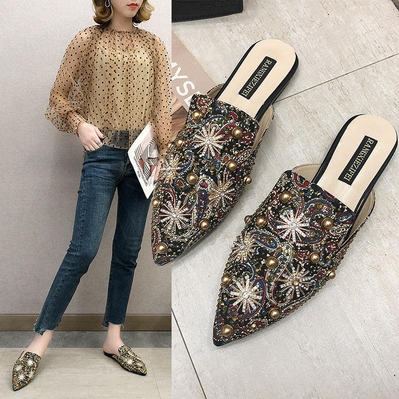 Luxury Women Mules Ladies Summer Slippers Women Shoes New Low Heels Flat Casual Shoes Woman Flip Flops Mules For Women Slip On Flats Loafers Pointed Toe Womens Mules Stevvex