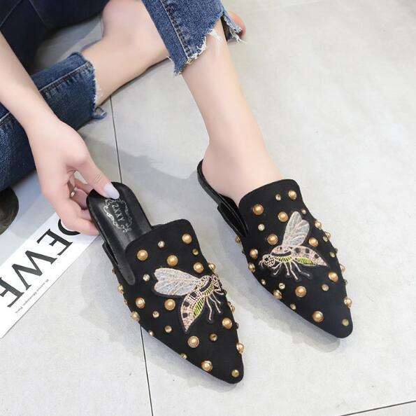 Luxury Women Mules Ladies Summer Slippers Women Shoes New Low Heels Flat Casual Shoes Woman Flip Flops Mules For Women Slip On Flats Loafers Pointed Toe Womens Mules Stevvex