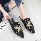 Luxury Women Mules Ladies Summer Slippers Women Shoes New Low Heels Flat Casual Shoes Woman Flip Flops Mules For Women Slip On Flats Loafers Pointed Toe Womens Mules Stevvex