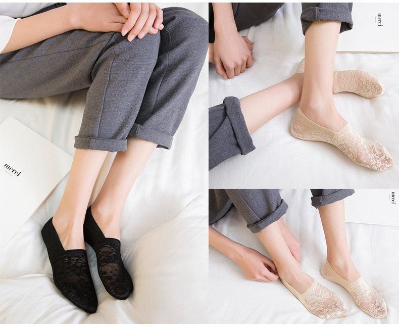 5 Pairs Fashion Women Girls Summer Socks 7 Color Style Lace Flower Short Sock Antiskid Invisible Ankle Socks For Women Stevvex