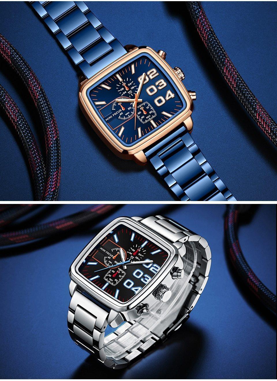 Elegant Business Square Mens Watch Multifunctional Waterproof Stainless Steel Design Big Wrist Watch Stevvex