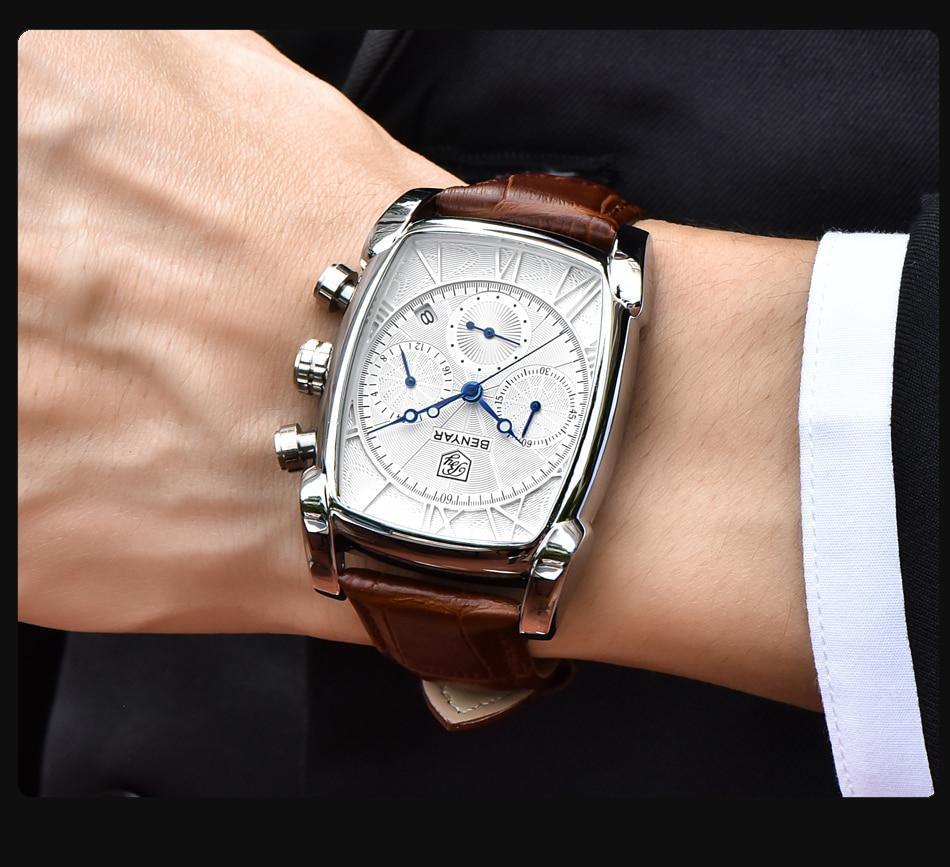 Classic Rectangle Waterproof Case Vintage Design Luxury Watches Leather Strap Business Casual Analog Wrist Watch For Men Stevvex