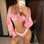 New Bikini Bikini Swimsuit For Women 3 Pieces Set Knot Front Off Shoulder Cover Up with Halter Bikini Sets Bathing Suit Women Swimwear Female Swimsuit Three-pieces Bikini set Halter Bather Bathing Suit Swim Beach Lady Stevvex