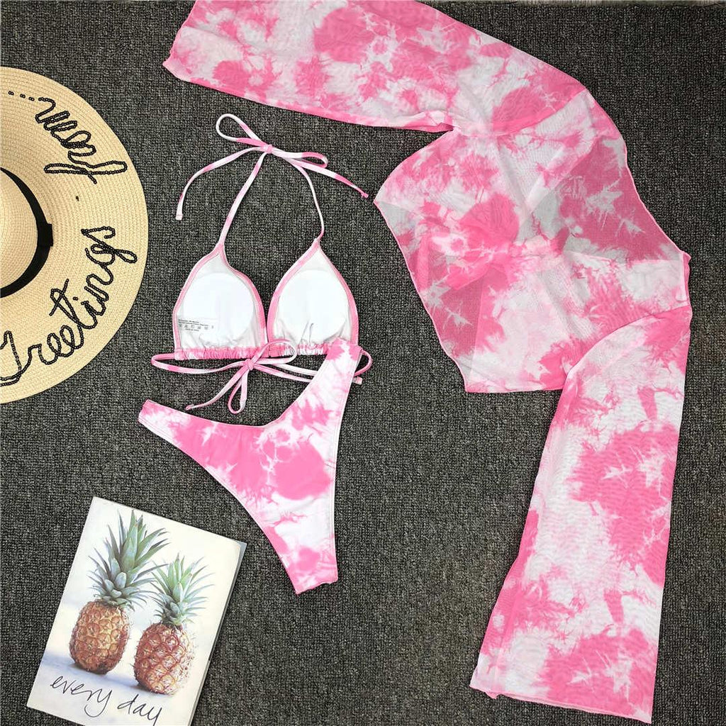New Bikini Bikini Swimsuit For Women 3 Pieces Set Knot Front Off Shoulder Cover Up with Halter Bikini Sets Bathing Suit Women Swimwear Female Swimsuit Three-pieces Bikini set Halter Bather Bathing Suit Swim Beach Lady Stevvex