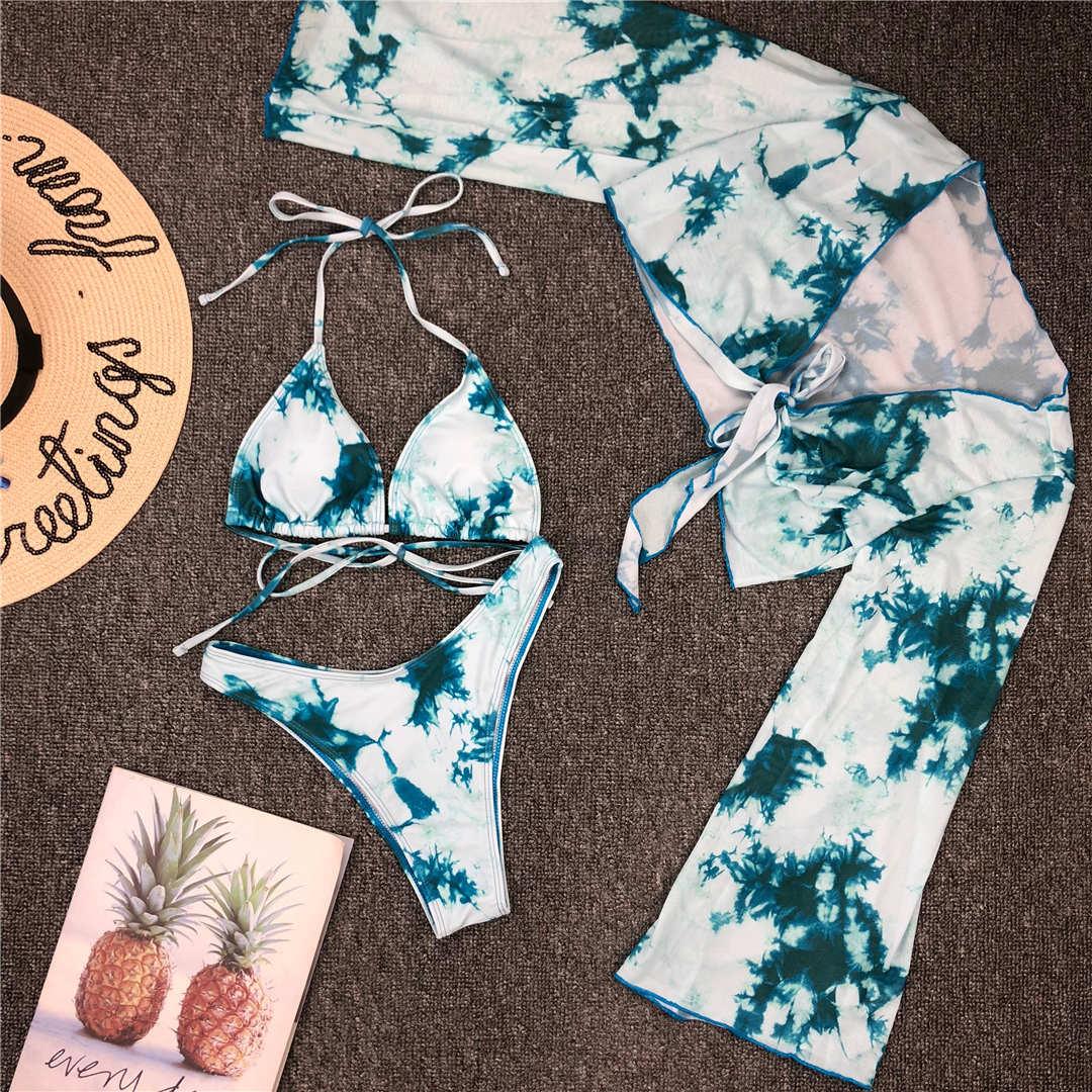 New Bikini Bikini Swimsuit For Women 3 Pieces Set Knot Front Off Shoulder Cover Up with Halter Bikini Sets Bathing Suit Women Swimwear Female Swimsuit Three-pieces Bikini set Halter Bather Bathing Suit Swim Beach Lady Stevvex