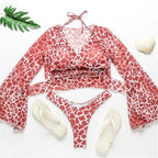 New Bikini Bikini Swimsuit For Women 3 Pieces Set Knot Front Off Shoulder Cover Up with Halter Bikini Sets Bathing Suit Women Swimwear Female Swimsuit Three-pieces Bikini set Halter Bather Bathing Suit Swim Beach Lady Stevvex