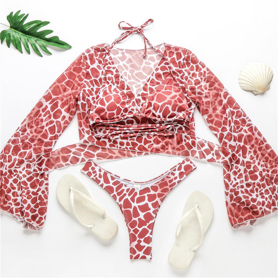 New Bikini Bikini Swimsuit For Women 3 Pieces Set Knot Front Off Shoulder Cover Up with Halter Bikini Sets Bathing Suit Women Swimwear Female Swimsuit Three-pieces Bikini set Halter Bather Bathing Suit Swim Beach Lady Stevvex