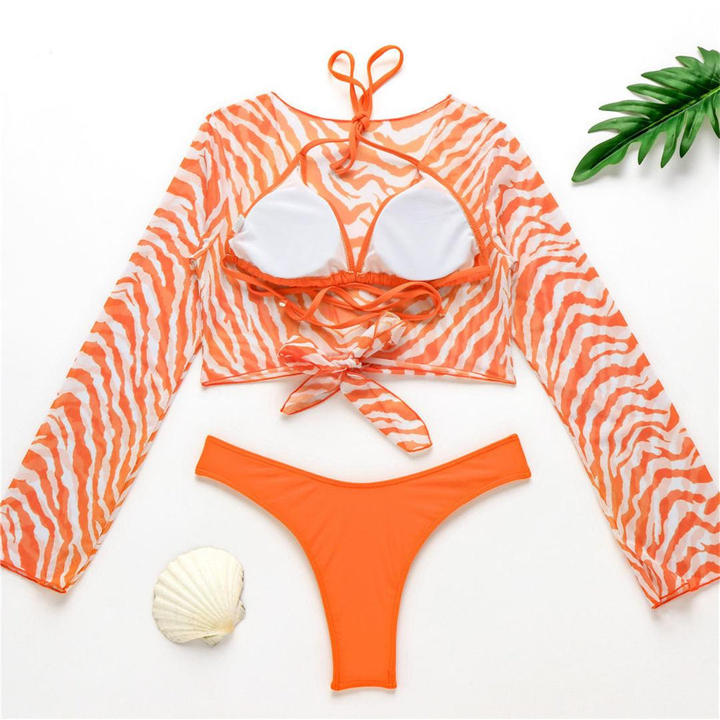 New Bikini Bikini Swimsuit For Women 3 Pieces Set Knot Front Off Shoulder Cover Up with Halter Bikini Sets Bathing Suit Women Swimwear Female Swimsuit Three-pieces Bikini set Halter Bather Bathing Suit Swim Beach Lady Stevvex