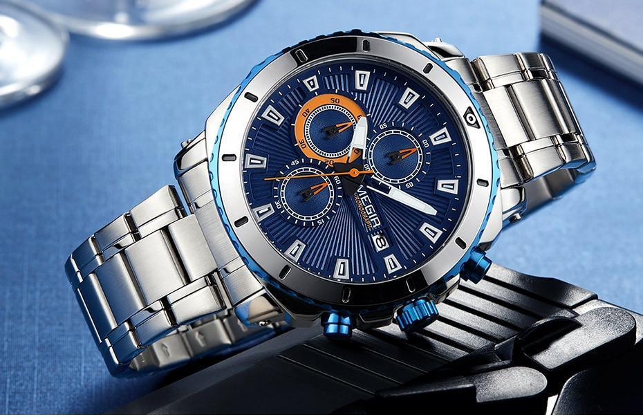 Luxury Men's Business Quartz Watches Blue Fashion Chronograph Elegant Stainless Steel Wristwatches For Man Stevvex