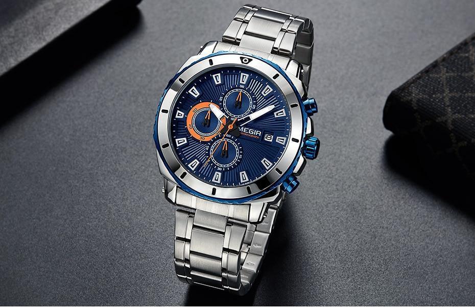Luxury Men's Business Quartz Watches Blue Fashion Chronograph Elegant Stainless Steel Wristwatches For Man Stevvex