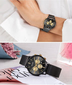 Multifunctional Black Luxury Women Watch Fashion Quartz Business Style Stainless Steel Strap Wrist Watch Stevvex