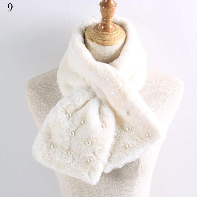 New Winter Solid Color Warm Thicken Soft Collar Scarf Faux Rabbit Fur Neckerchief Plush Warm Hot Scarfs Cross Collar Scarf Shawl Solid With Pearl Elegant For Women Stevvex
