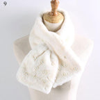 New Winter Solid Color Warm Thicken Soft Collar Scarf Faux Rabbit Fur Neckerchief Plush Warm Hot Scarfs Cross Collar Scarf Shawl Solid With Pearl Elegant For Women Stevvex