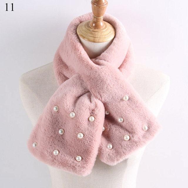 New Winter Solid Color Warm Thicken Soft Collar Scarf Faux Rabbit Fur Neckerchief Plush Warm Hot Scarfs Cross Collar Scarf Shawl Solid With Pearl Elegant For Women Stevvex