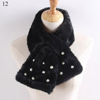 New Winter Solid Color Warm Thicken Soft Collar Scarf Faux Rabbit Fur Neckerchief Plush Warm Hot Scarfs Cross Collar Scarf Shawl Solid With Pearl Elegant For Women Stevvex