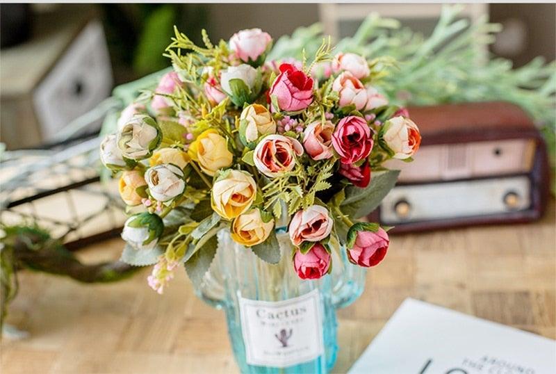 15heads/1 bundle Silk Tea Roses Bride Bouquet for Christmas Home Wedding New Year Decoration Fake Artificial Flowers Home Decor Stevvex
