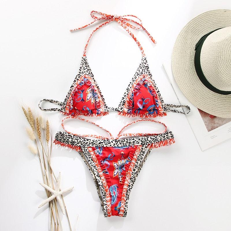 Handwork Bikinis Small Ruffle Swimsuit Vintage Print Swimwear Women Bathing Suit Leopard Patchwork Bikini Set String Stevvex