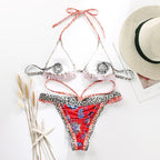 Handwork Bikinis Small Ruffle Swimsuit Vintage Print Swimwear Women Bathing Suit Leopard Patchwork Bikini Set String Stevvex