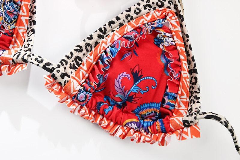Handwork Bikinis Small Ruffle Swimsuit Vintage Print Swimwear Women Bathing Suit Leopard Patchwork Bikini Set String Stevvex