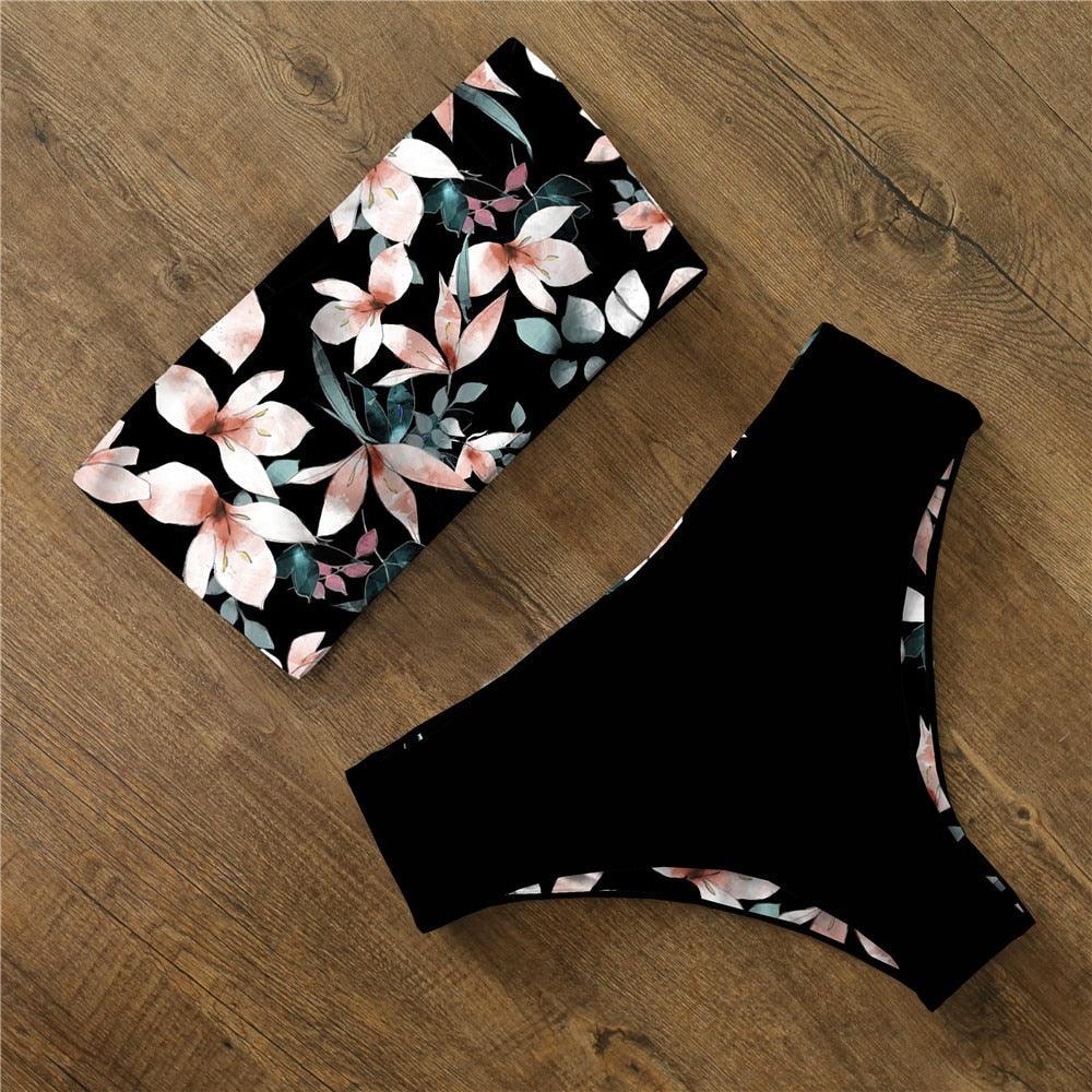 Bikini Swimwear Swimsuit Women Floral Print High Waist Bikini Set Back Cross Bathing Suit Female Beach Wear Women's Bikini Swimsuits Strapless Two Pieces Bathing Suits Stevvex