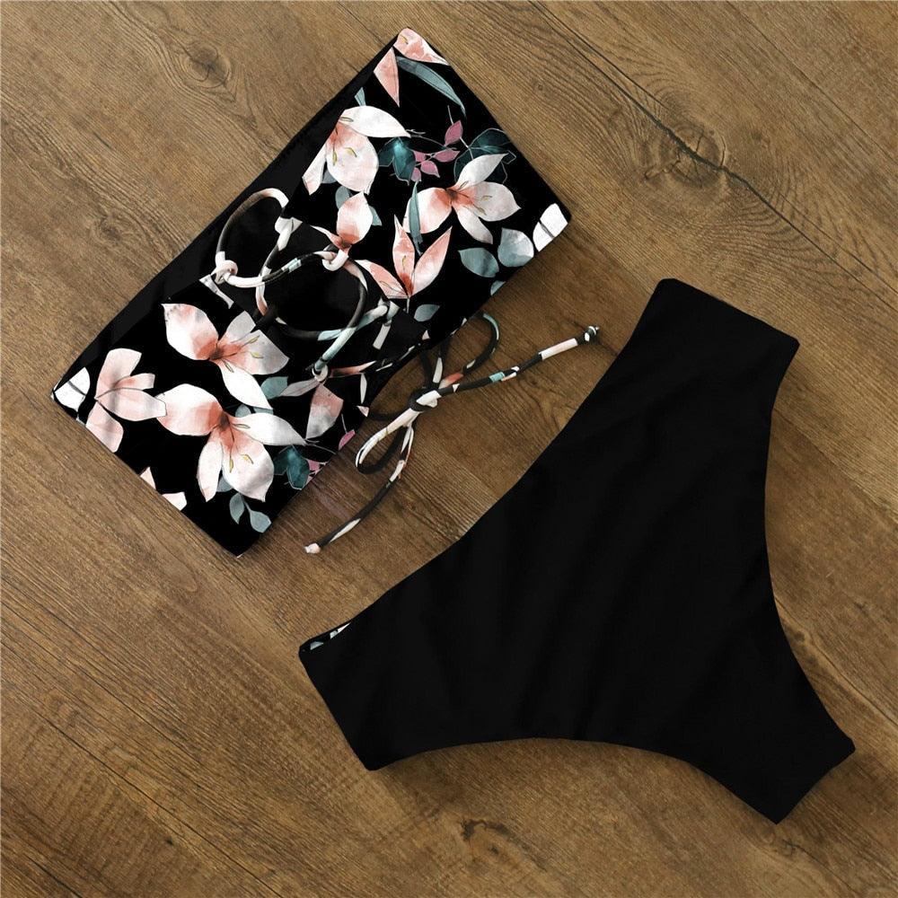 Bikini Swimwear Swimsuit Women Floral Print High Waist Bikini Set Back Cross Bathing Suit Female Beach Wear Women's Bikini Swimsuits Strapless Two Pieces Bathing Suits Stevvex