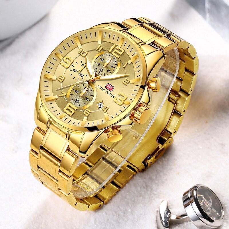 Luxury Gold Mens Watches Elegant Stainsteel Steel Strap Waterproof Sport Analog Quartz Luminous Hands Watch Stevvex