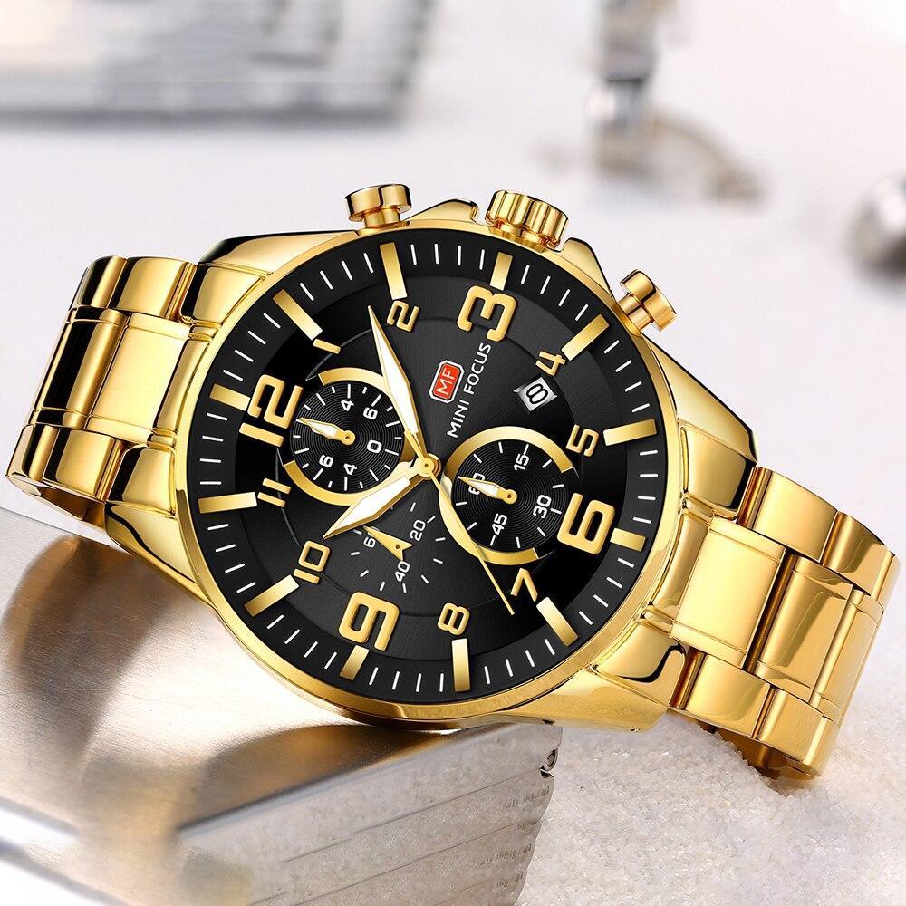 Luxury Gold Mens Watches Elegant Stainsteel Steel Strap Waterproof Sport Analog Quartz Luminous Hands Watch Stevvex