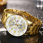 Luxury Gold Mens Watches Elegant Stainsteel Steel Strap Waterproof Sport Analog Quartz Luminous Hands Watch Stevvex