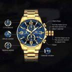 Luxury Gold Mens Watches Elegant Stainsteel Steel Strap Waterproof Sport Analog Quartz Luminous Hands Watch Stevvex