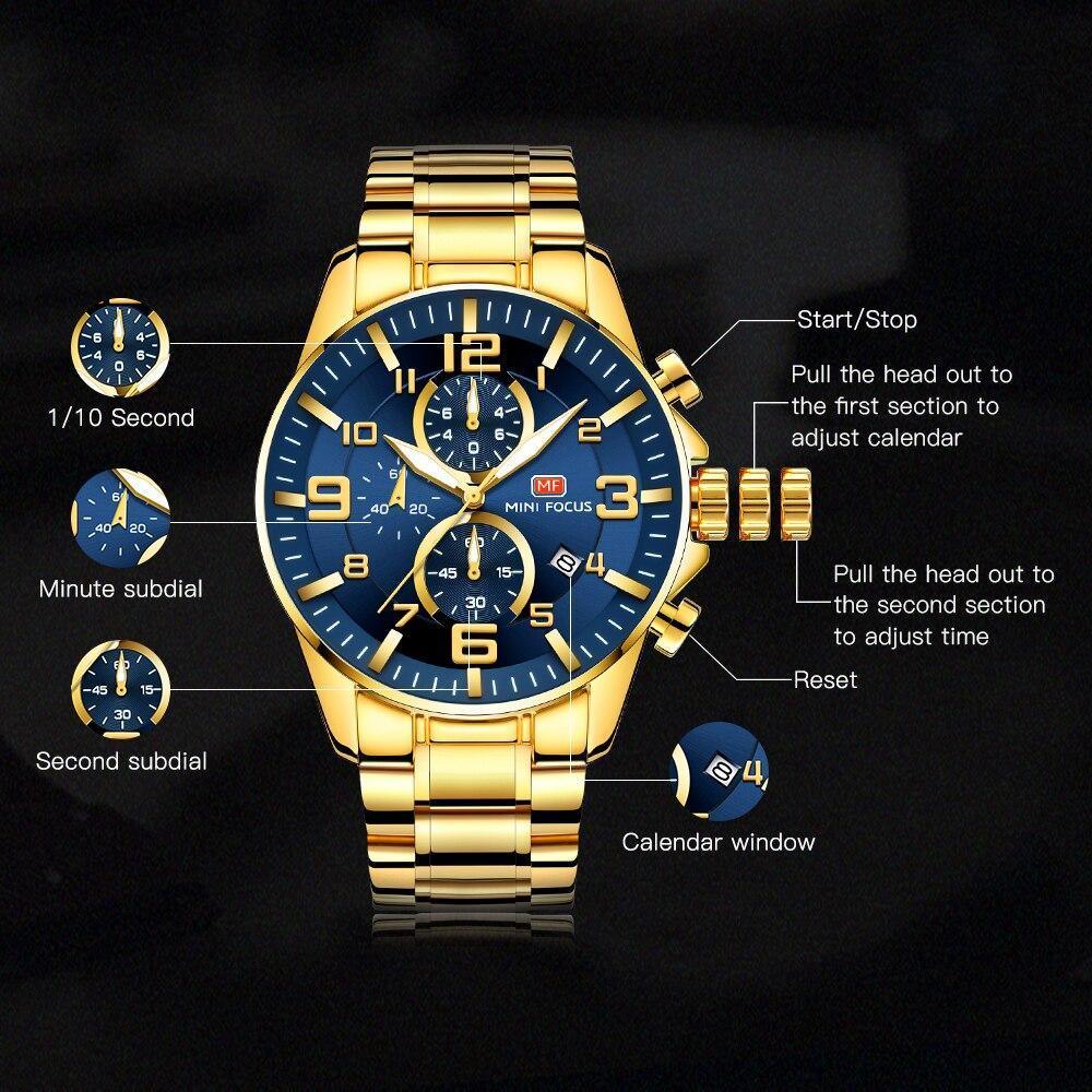 Luxury Gold Mens Watches Elegant Stainsteel Steel Strap Waterproof Sport Analog Quartz Luminous Hands Watch Stevvex