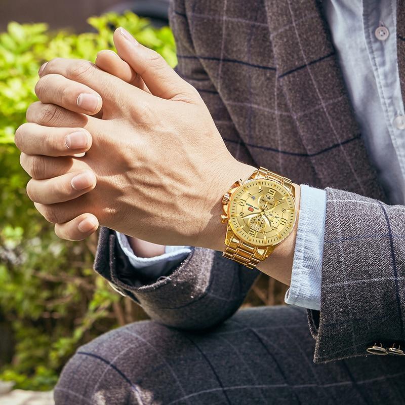 Luxury Gold Mens Watches Elegant Stainsteel Steel Strap Waterproof Sport Analog Quartz Luminous Hands Watch Stevvex