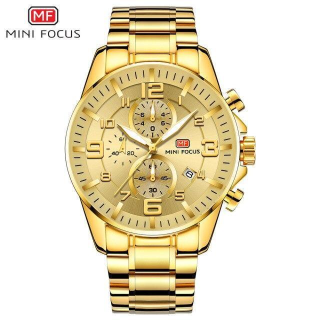 Luxury Gold Mens Watches Elegant Stainsteel Steel Strap Waterproof Sport Analog Quartz Luminous Hands Watch Stevvex