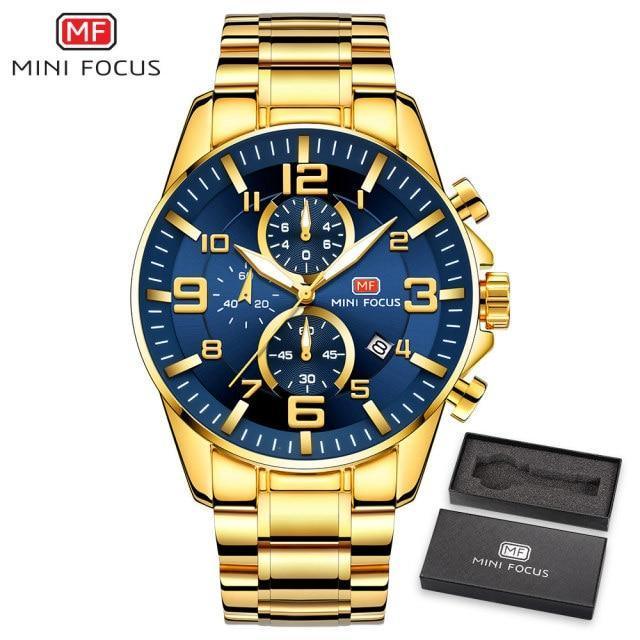 Luxury Gold Mens Watches Elegant Stainsteel Steel Strap Waterproof Sport Analog Quartz Luminous Hands Watch Stevvex