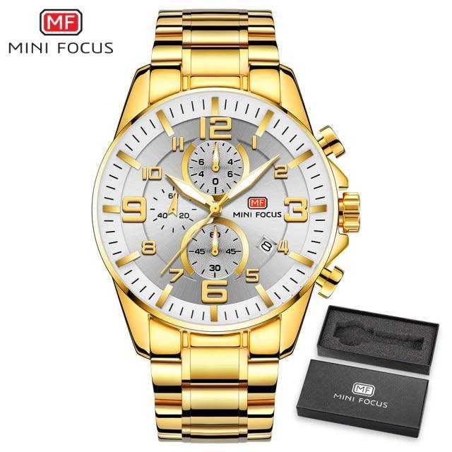 Luxury Gold Mens Watches Elegant Stainsteel Steel Strap Waterproof Sport Analog Quartz Luminous Hands Watch Stevvex