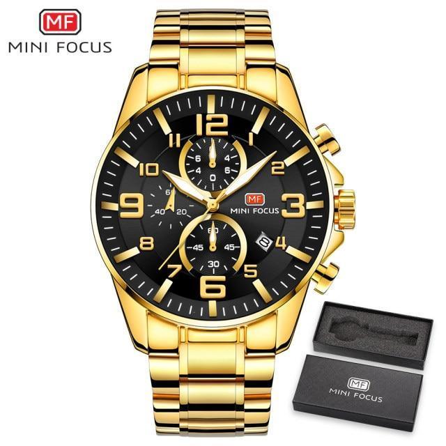 Luxury Gold Mens Watches Elegant Stainsteel Steel Strap Waterproof Sport Analog Quartz Luminous Hands Watch Stevvex