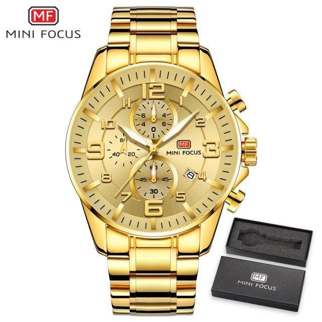 Luxury Gold Mens Watches Elegant Stainsteel Steel Strap Waterproof Sport Analog Quartz Luminous Hands Watch Stevvex