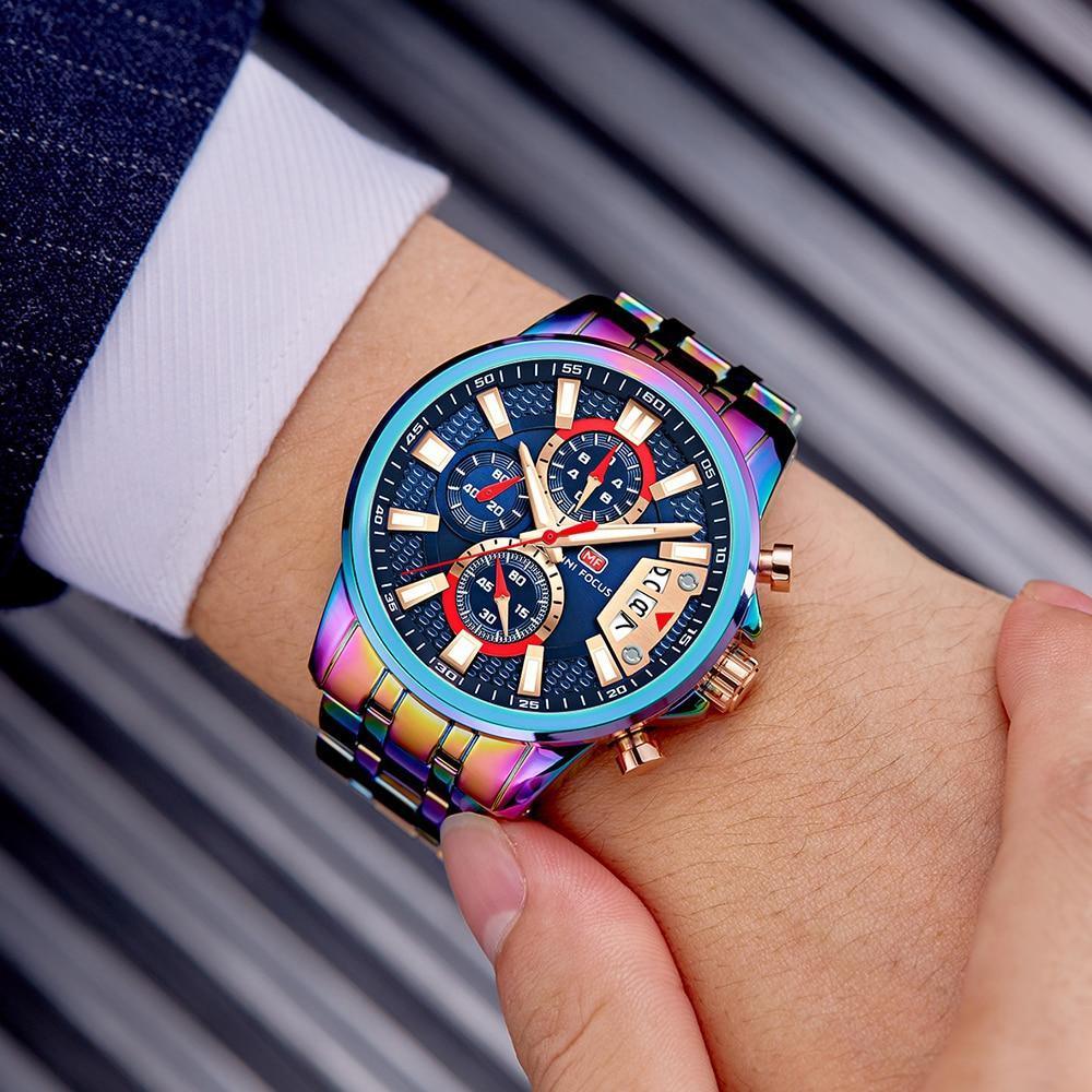 Sport Multifunctional Luxury Mens Watch Quartz Waterproof Colorful Analog Wristwatch Elegant Stainless Steel Design Stevvex