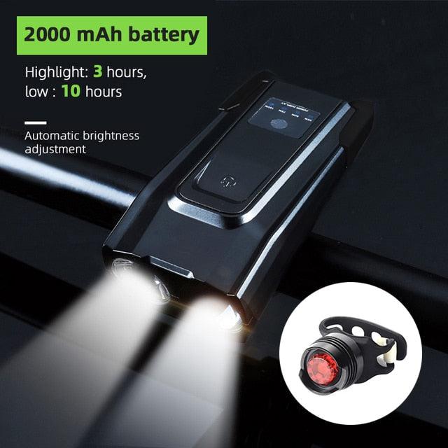 4000mAh Bicycle Front Light Set USB Rechargeable Smart Headlight With Horn 800 Lumen LED Bicycle Light Set USB Rechargeable Super Bright  Bike Headlight Stevvex