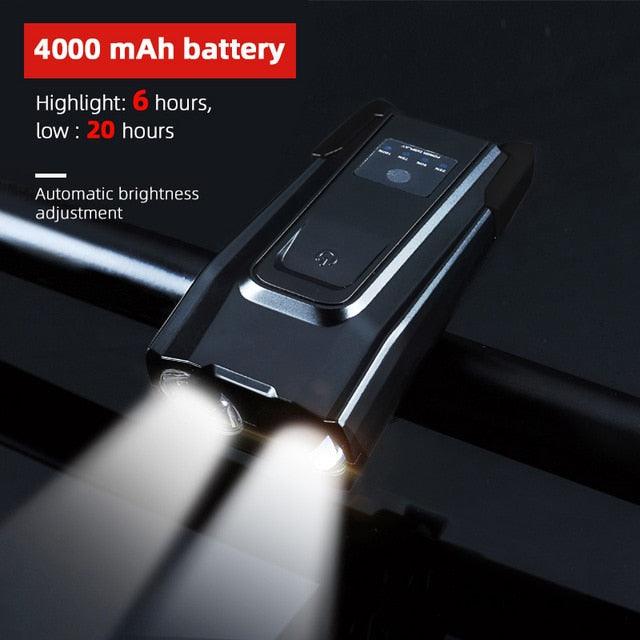 4000mAh Bicycle Front Light Set USB Rechargeable Smart Headlight With Horn 800 Lumen LED Bicycle Light Set USB Rechargeable Super Bright  Bike Headlight Stevvex