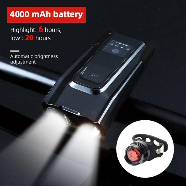 4000mAh Bicycle Front Light Set USB Rechargeable Smart Headlight With Horn 800 Lumen LED Bicycle Light Set USB Rechargeable Super Bright  Bike Headlight Stevvex
