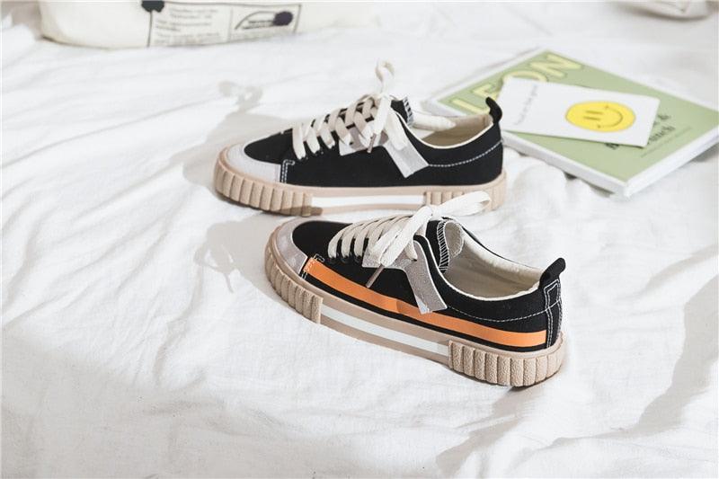 Womens New Spring Fashion Canvas Casual Flats Striped Vulcanize Fashion Style Sneakers Low-Cut Trainers Canvas Flat Sneakers Casual Slip On Canvas Comfortable Design Stevvex