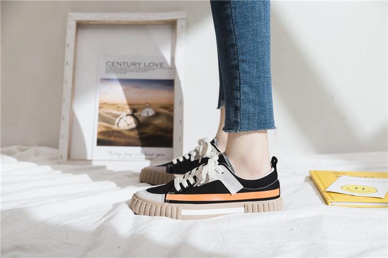 Womens New Spring Fashion Canvas Casual Flats Striped Vulcanize Fashion Style Sneakers Low-Cut Trainers Canvas Flat Sneakers Casual Slip On Canvas Comfortable Design Stevvex