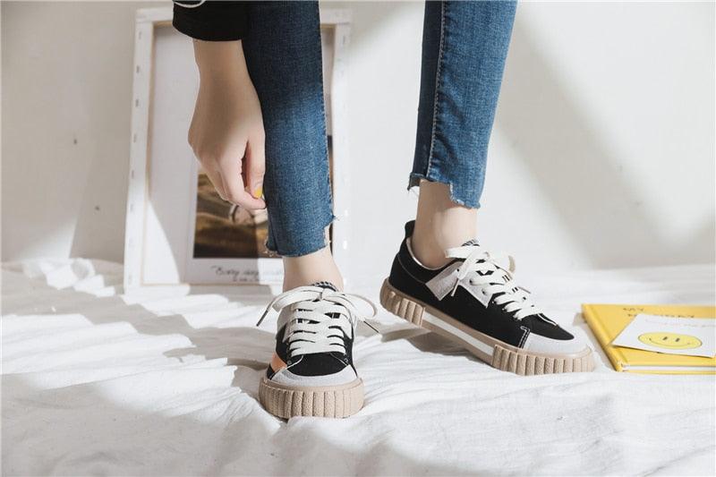Womens New Spring Fashion Canvas Casual Flats Striped Vulcanize Fashion Style Sneakers Low-Cut Trainers Canvas Flat Sneakers Casual Slip On Canvas Comfortable Design Stevvex