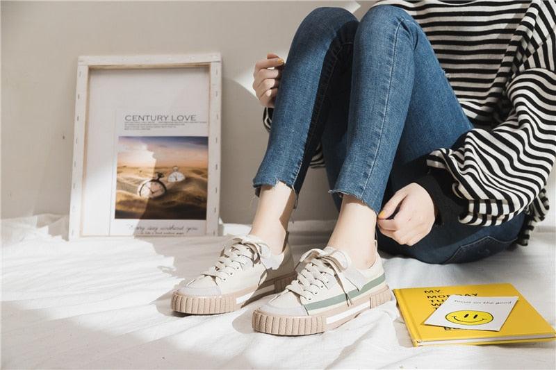 Womens New Spring Fashion Canvas Casual Flats Striped Vulcanize Fashion Style Sneakers Low-Cut Trainers Canvas Flat Sneakers Casual Slip On Canvas Comfortable Design Stevvex